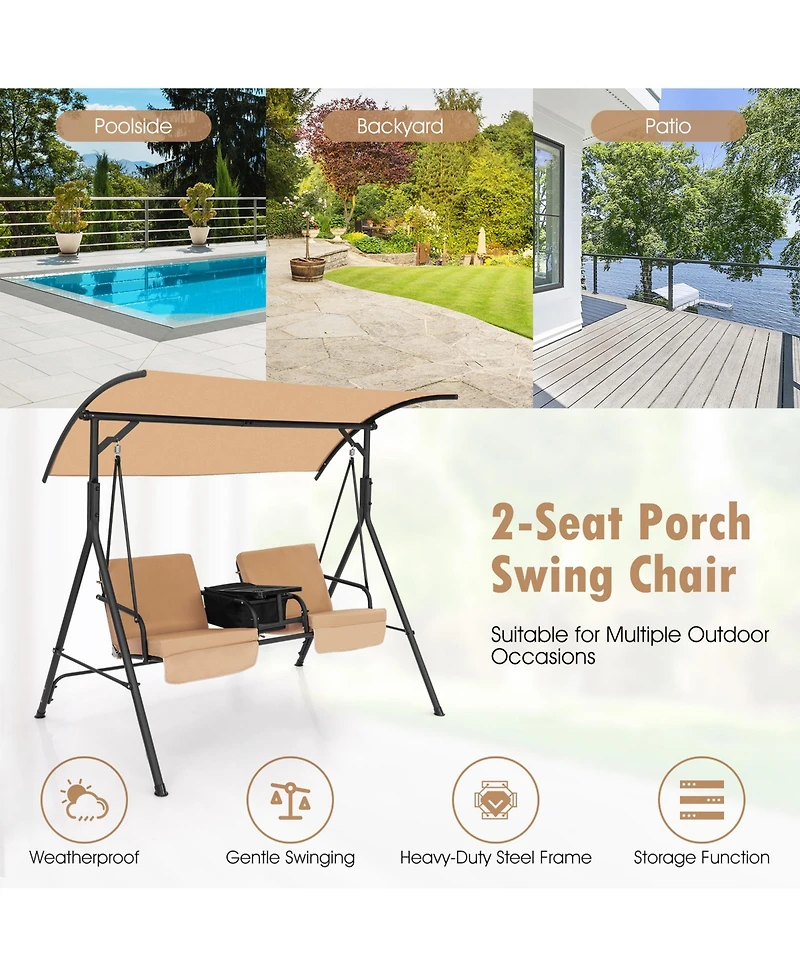 Gymax 2-Person Canopy Porch Swing Padded Chair Cooler Bag Rotatable Tray