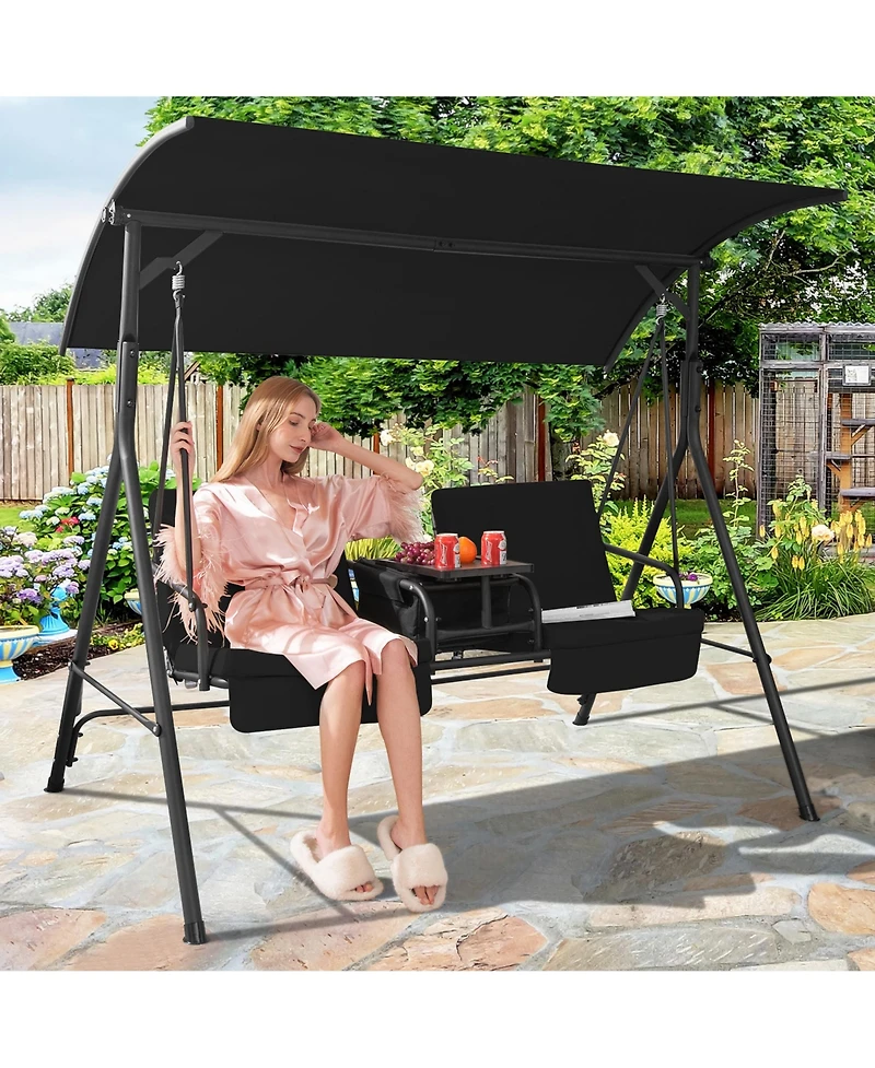 Gymax 2-Person Canopy Porch Swing Padded Chair Cooler Bag Rotatable Tray