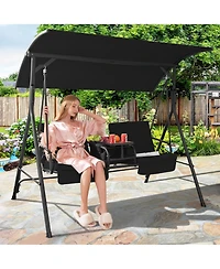 Gymax 2-Person Canopy Porch Swing Padded Chair Cooler Bag Rotatable Tray