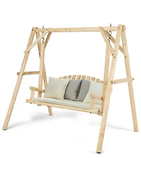 Gymax Wooden Porch Swing Outdoor Patio Rustic Torched Log Curved Back Bench A-Frame