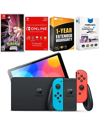 Nintendo Switch Neon Red & Blue Oled Console with Pokemon Shining Pearl, Nso 12 Month Family Membership