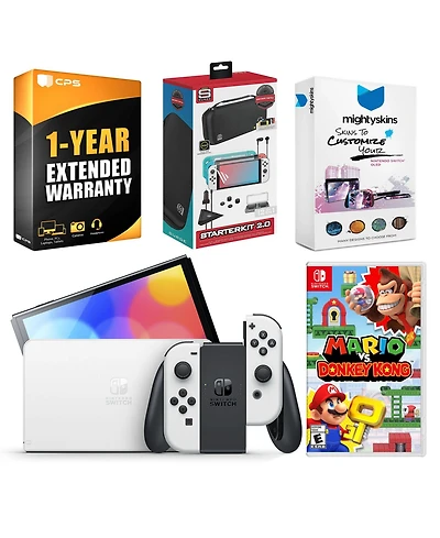Nintendo Switch White Oled Console with Mario vs. Donkey Kong, Surge Accessory Gaming Kit, MightySkins Console and Controller Skin Voucher