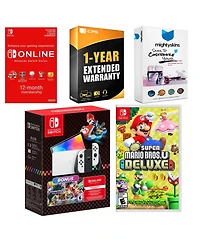 Nintendo Switch Oled Console Mario Kart 8 Bundle with New Super Mario Bros. U Deluxe, Nso 12 Month Family Membership