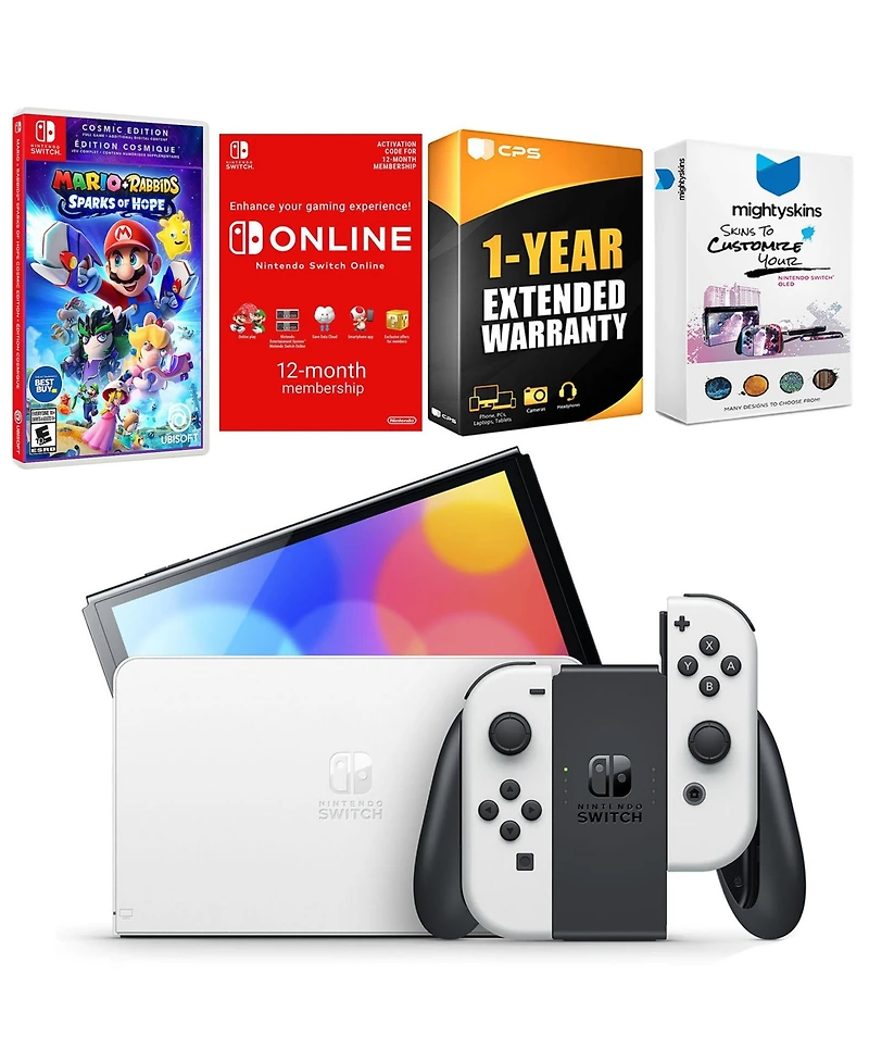 Nintendo Switch White Oled Console with Mario + Rabbids Sparks of Hope Cosmic Edition, Nso 12 Month Family Membership