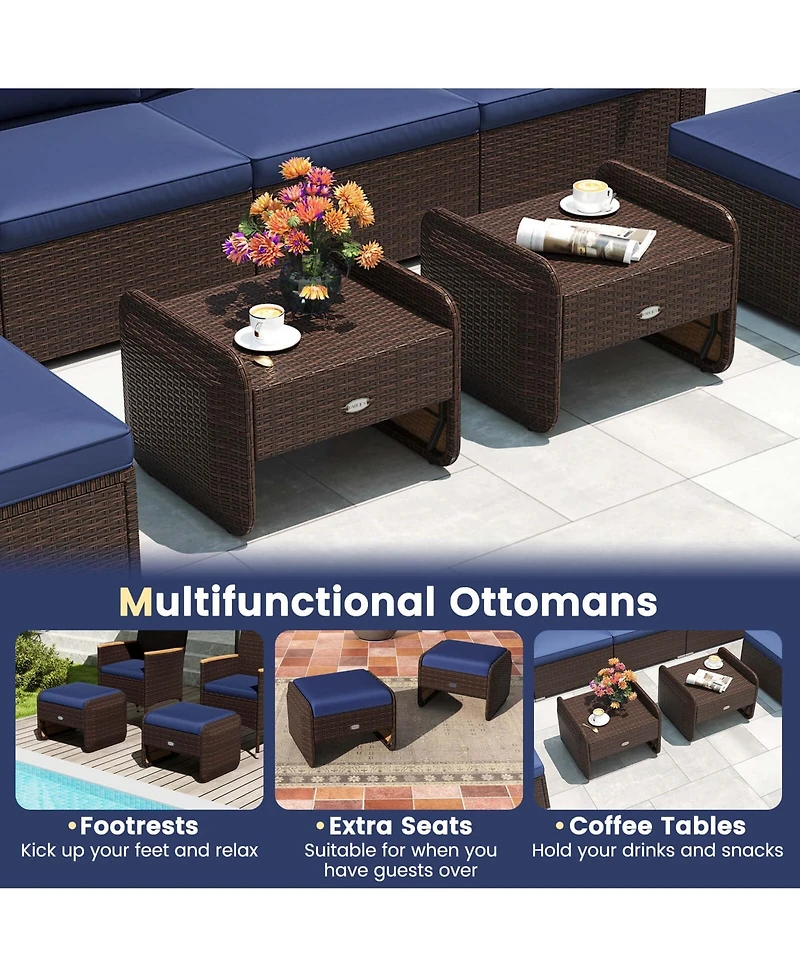 2 Pieces Outdoor Patio Pe Wicker Ottomans with Removable Cushions Footstools