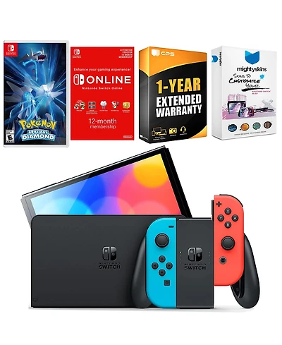 Nintendo Switch Neon Red & Blue Oled Console with Pokemon Brilliant Diamond, Nso 12 Month Family Membership