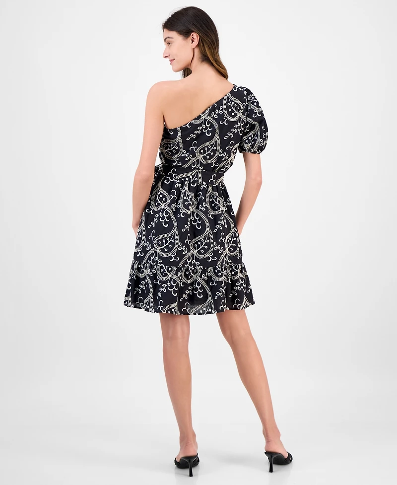 Women's Embroidered Cotton Asymmetric One-Shoulder Fit & Flare Dress