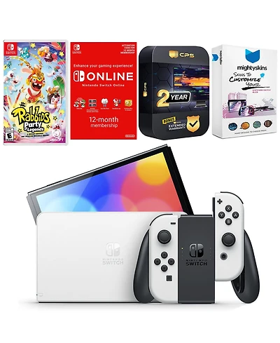 Nintendo Switch White Oled Console with Rabbids: Party of Legends, Nso 12 Month Family Membership, MightySkins Console and Controller Skin Voucher, an