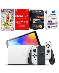 Nintendo Switch White Oled Console with Rabbids: Party of Legends, Nso 12 Month Family Membership, MightySkins Console and Controller Skin Voucher, an