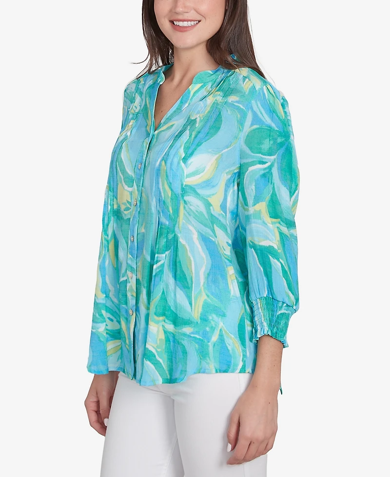 Ruby Rd. Petite Abstract Tropical Silky Button Front V-Neck Top