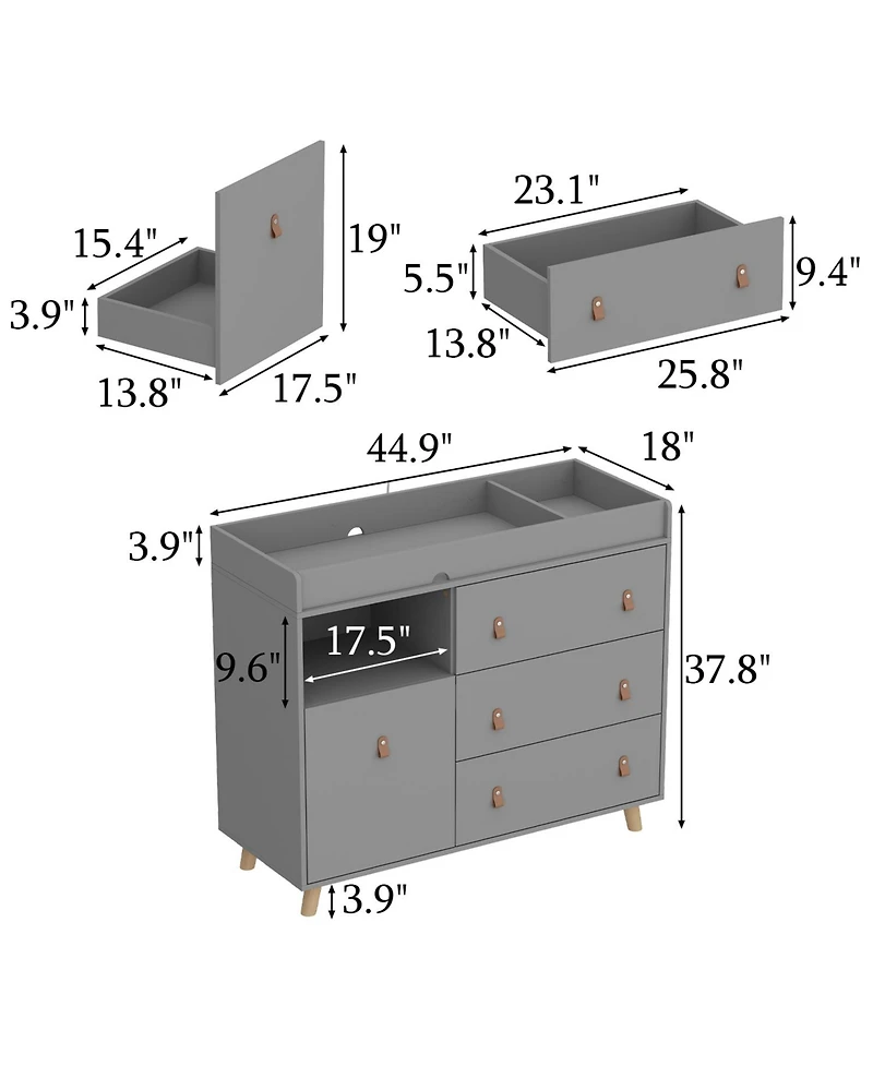 Diaper table with three drawers, baby changing station with multiple storage compartments, grey wood