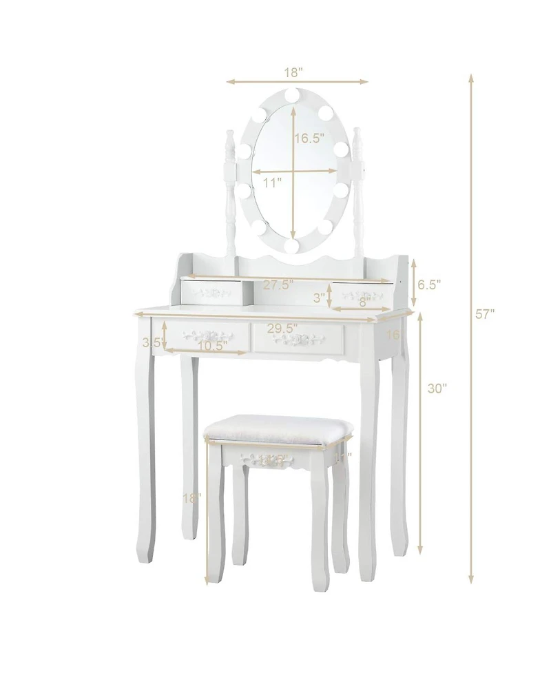 Makeup Dressing Table with Touch Switch Lighted Mirror and Cushioned Stool