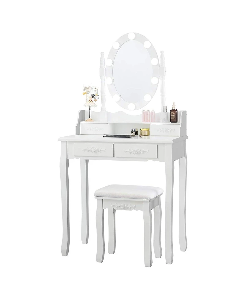 Makeup Dressing Table with Touch Switch Lighted Mirror and Cushioned Stool
