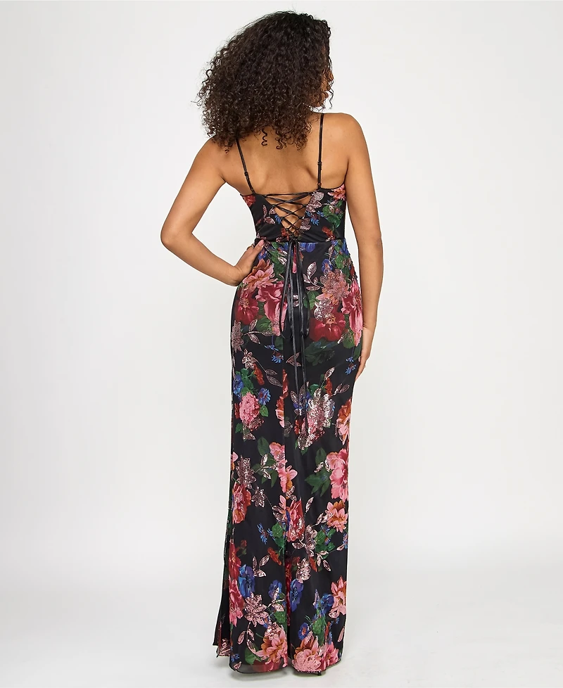Katia Rae Juniors' Floral-Print Sequined Spaghetti-Strap Gown