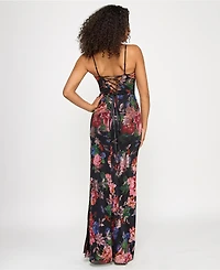 Katia Rae Juniors' Floral-Print Sequined Spaghetti-Strap Gown