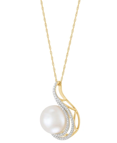 Honora Ming Pearl (11mm) & Diamond (1/4 ct. t.w.) Swirl 18" Pendant Necklace in 14k Gold