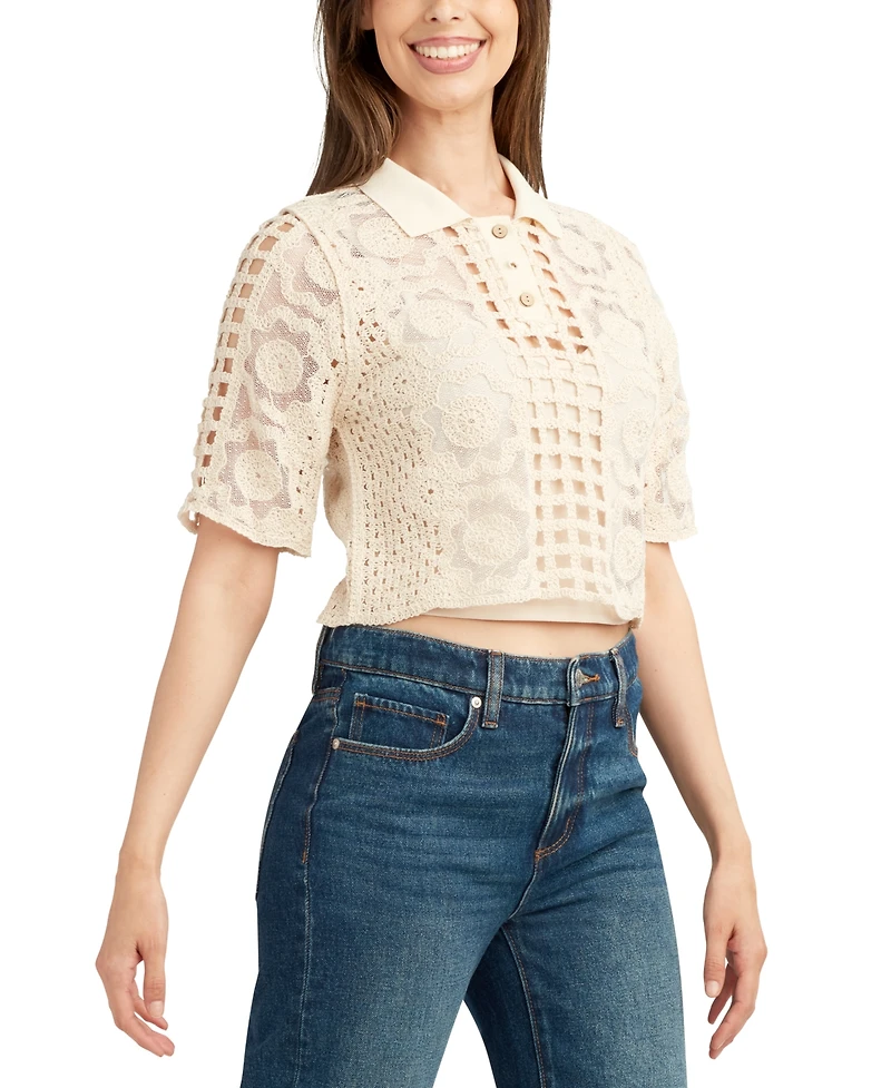 Bcx Juniors' Cotton Crochet Lace Polo Top