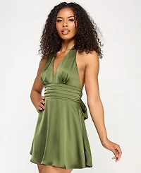 Seni & Cade Juniors' Plunge-Neck Satin A-Line Dress