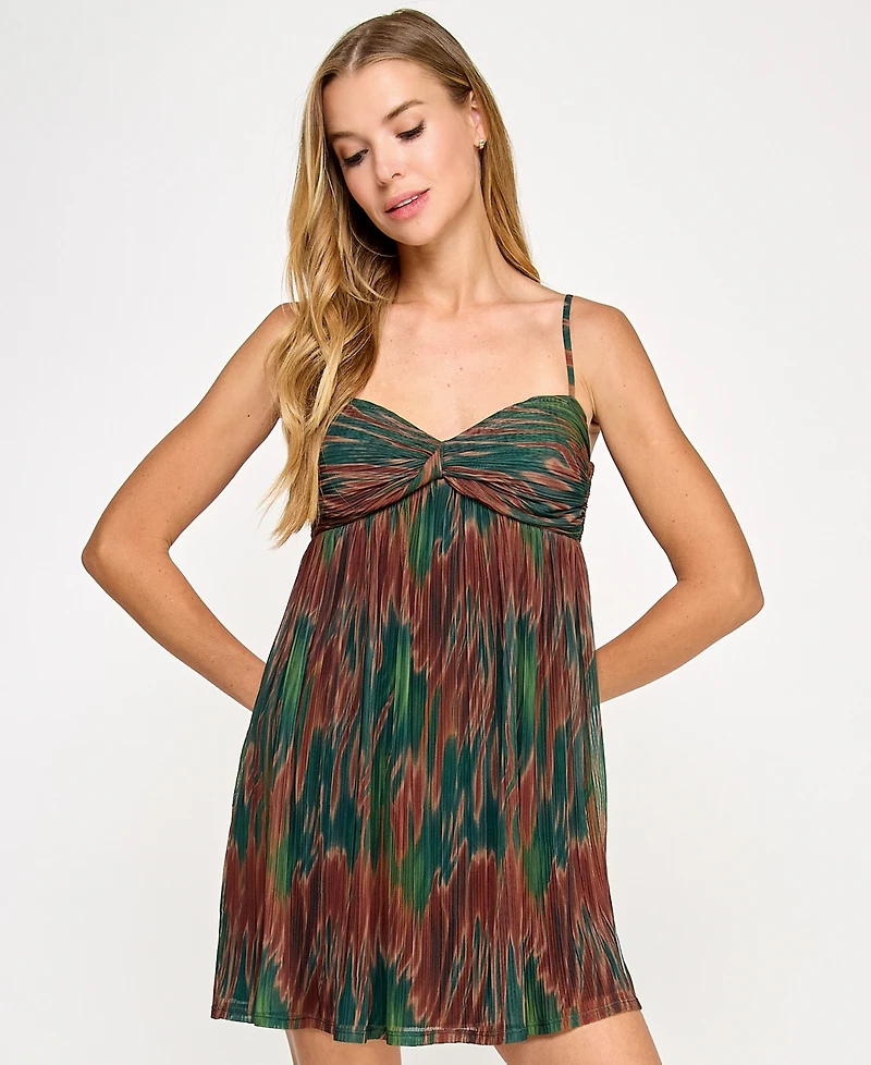 Seni & Cade Juniors' Printed Pleated Mesh A-Line Dress