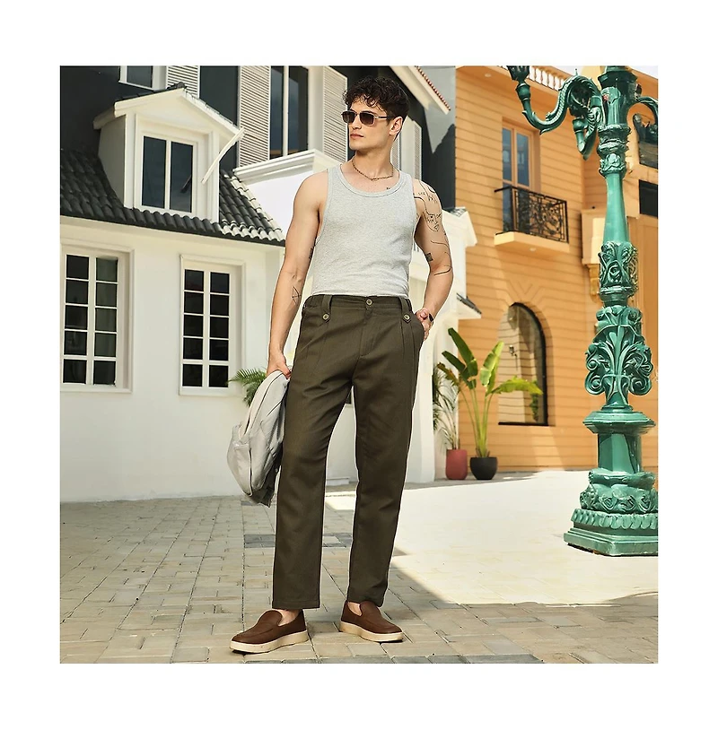Men's Sacramento Green Ribbed-Pleated Chino Trousers