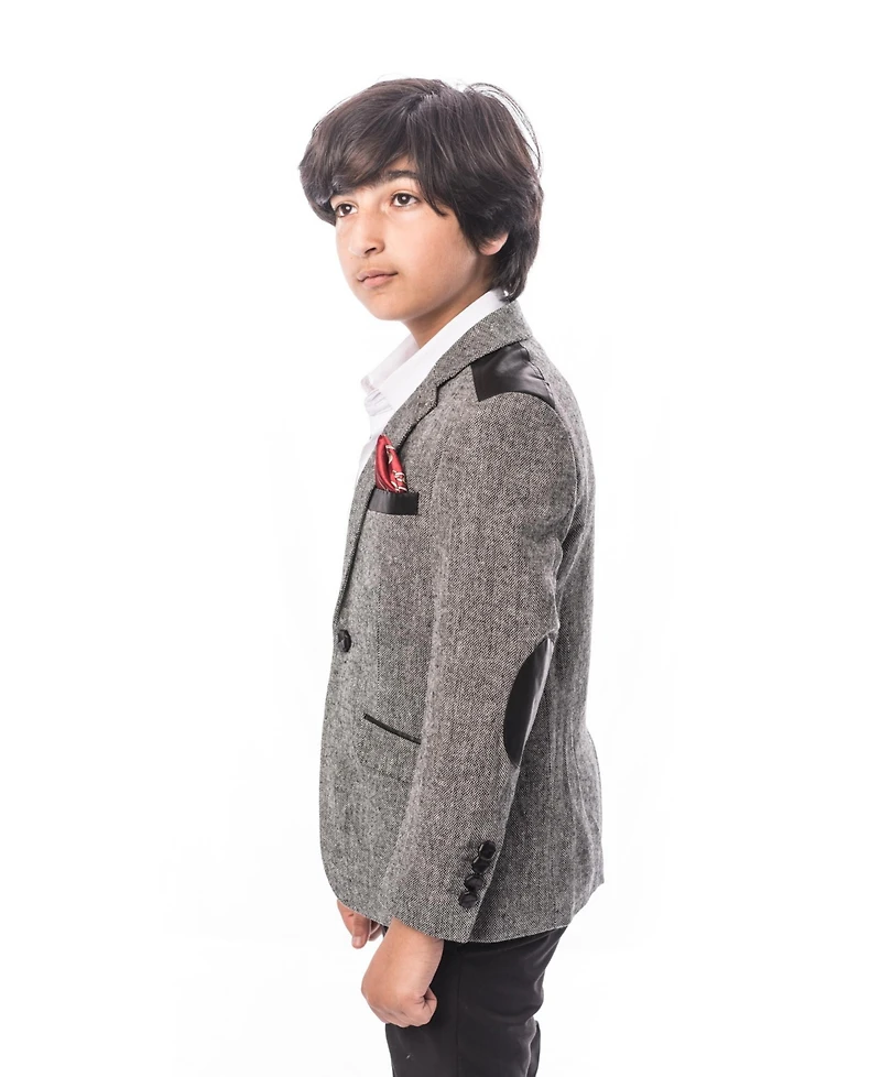 Elie Balleh Toddler Grey Slim Fit Tweed & Faux Leather Blazer