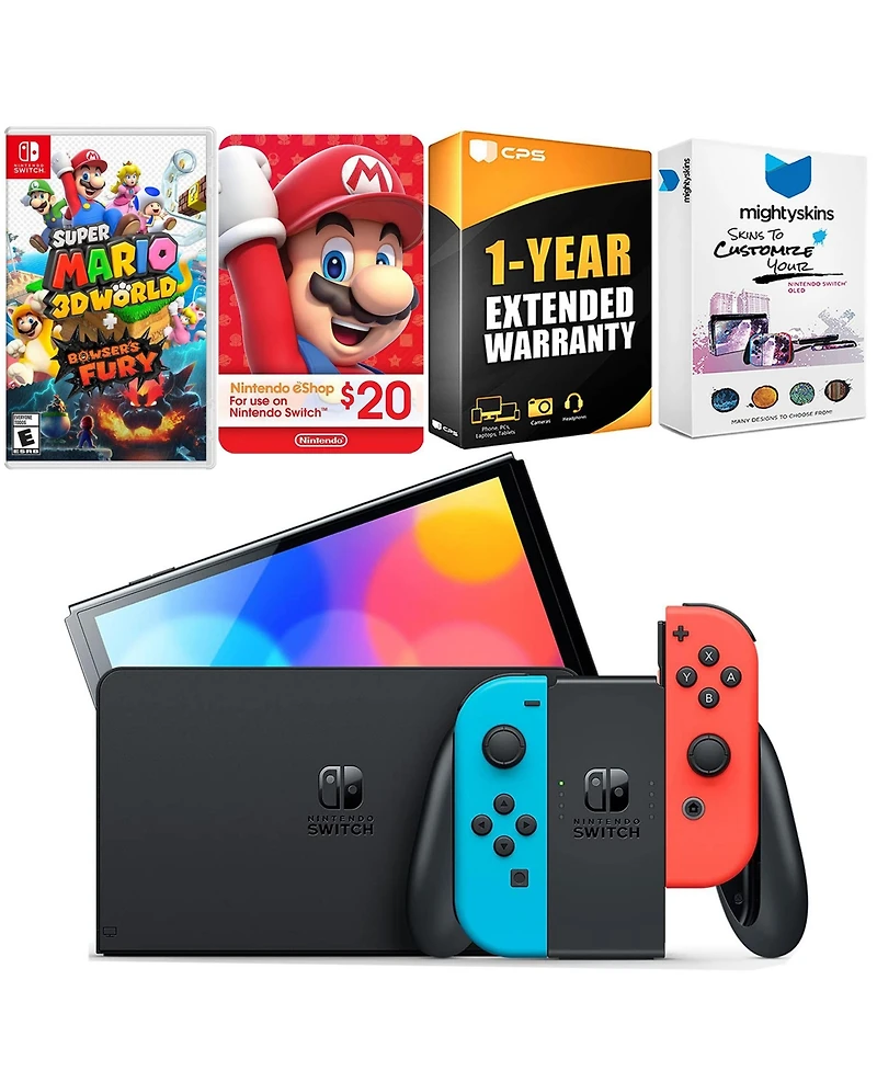 Nintendo Switch Neon Red & Blue Oled Console with Super Mario 3D World + Bowser s Fury , Nintendo $20 eShop Gift Card