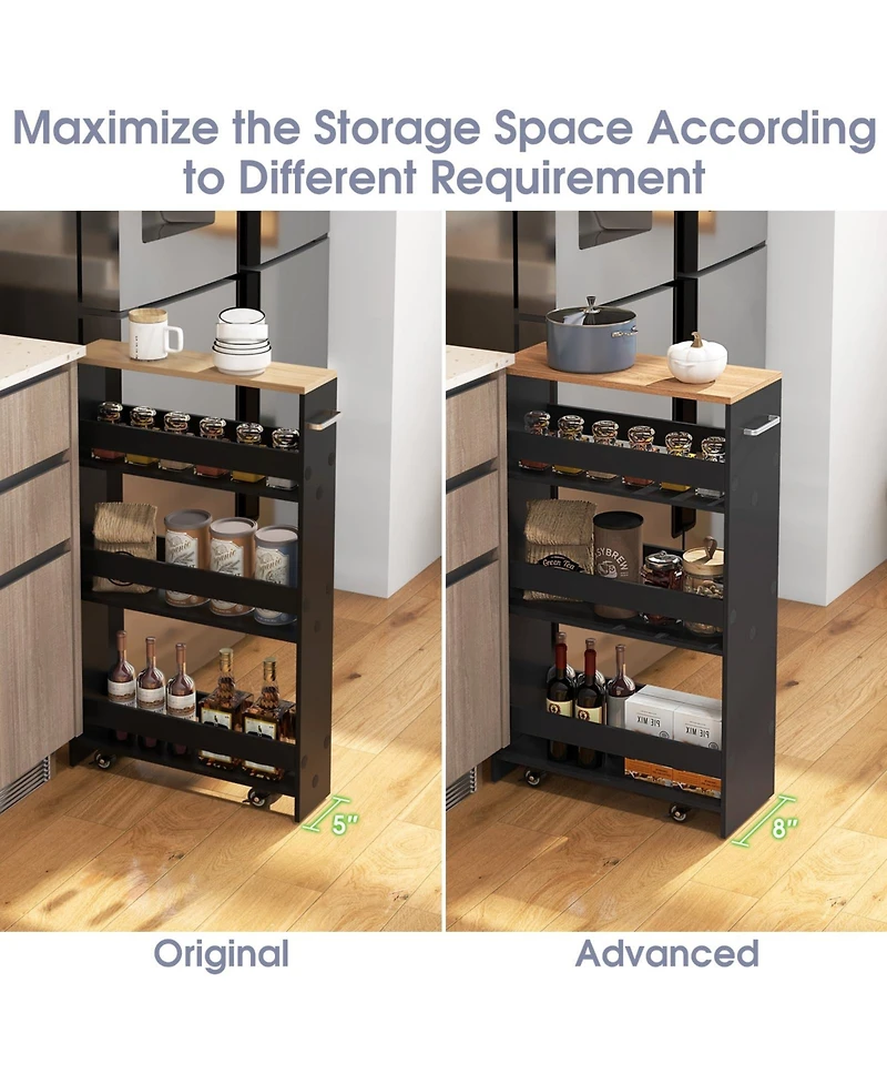 4-Tier Rolling Storage Cart Slim Kitchen Cart on Wheels with Open Shelves and Handle
