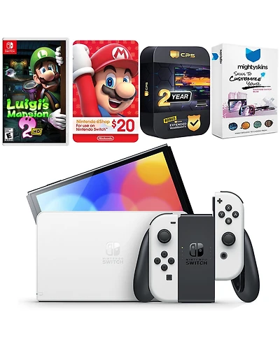 Nintendo Switch White Oled Console with Luigi s Mansion 2 Hd, Nintendo $20 eShop Gift Card, MightySkins Console and Controller Skin Voucher, and 2 Yea
