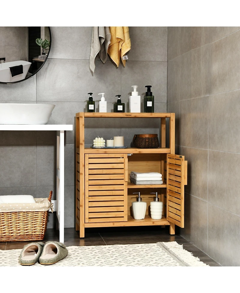 Bamboo Floor Cabinet, Bathroom Storage Cabinet with Double Slatted Doors, Open Shelf, Removable Shelf, Storage Organizer for Bathroom Doorway Living R