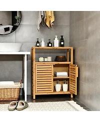 Bamboo Floor Cabinet, Bathroom Storage Cabinet with Double Slatted Doors, Open Shelf, Removable Shelf, Storage Organizer for Bathroom Doorway Living R