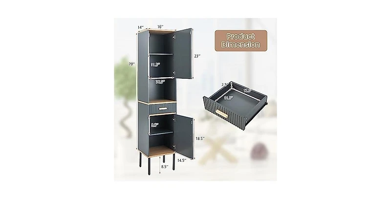 Free-Standing Bathroom Cabinet Narrow Linen with Doors and Drawer