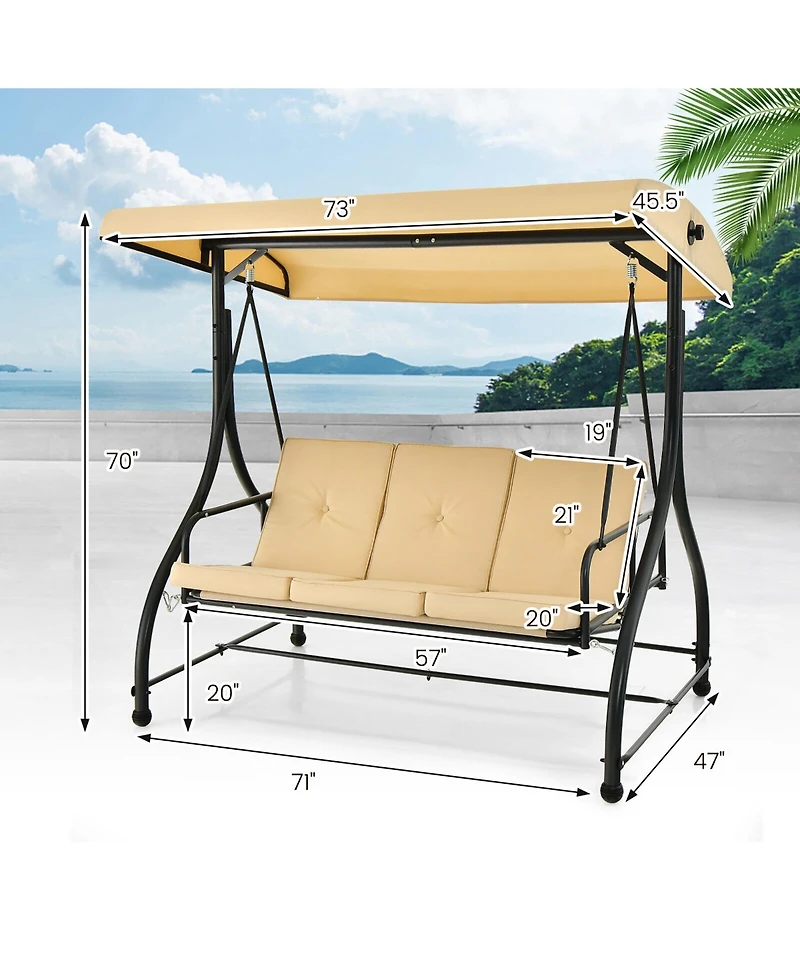 Gymax 3-Seat Outdoor Converting Patio Swing Glider Adjustable Canopy Porch Swing