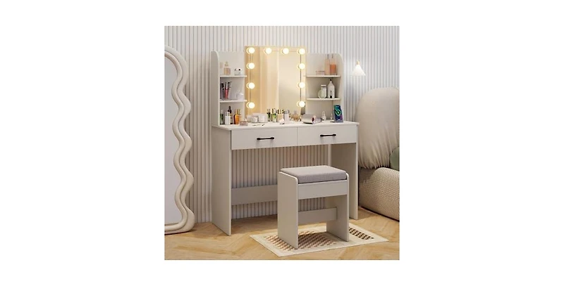 Vanity Set with Lighted Mirror and Stool Power Outlet