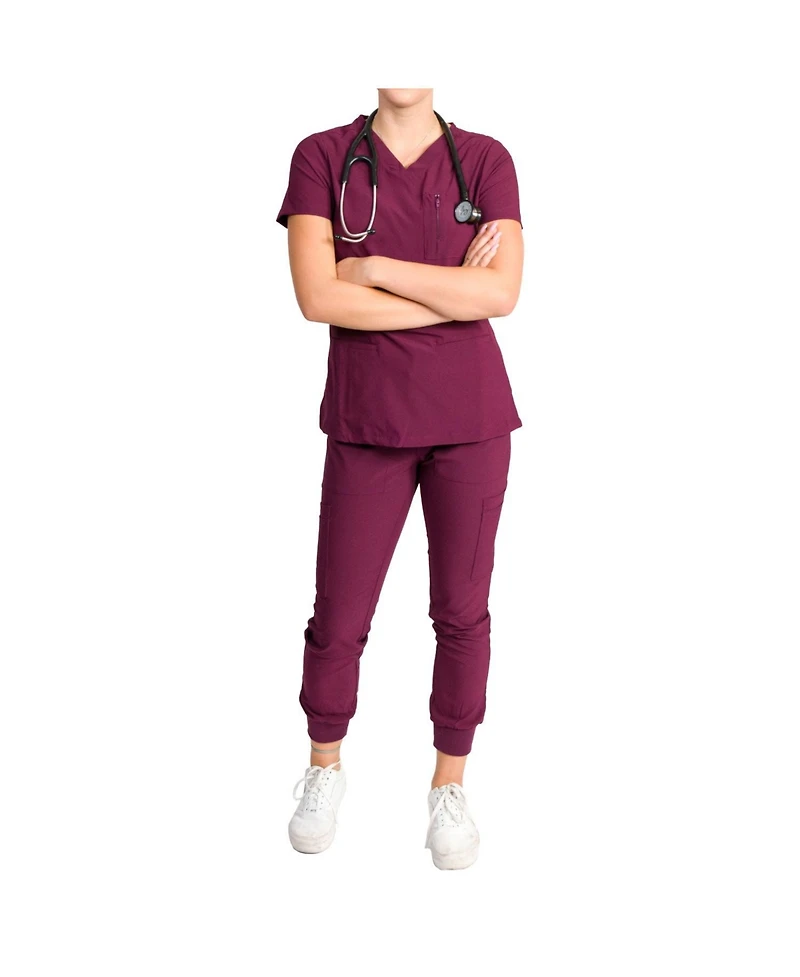 Medgear Women's Fleur Stretch Scrub Set with Zip Chest Pocket Top and Knit Rib Cuffs Jogger Pants