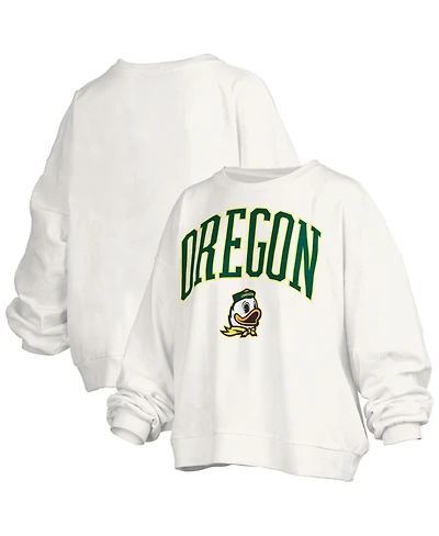 Pressbox Women's White Oregon Ducks Janise Arch Over Logo Waist Length Oversized Pullover Sweatshirt
