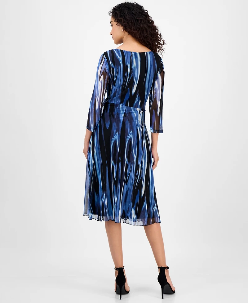 Connected Women's Printed Tie-Waist Mesh-Sleeve Dress