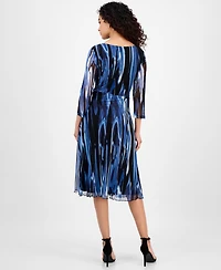 Connected Women's Printed Tie-Waist Mesh-Sleeve Dress