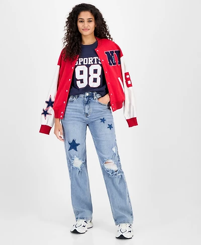 Madden Girl Juniors' High-Rise Star-Patch Straight-Leg Jeans