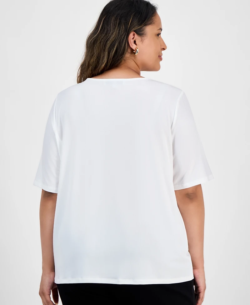 Kasper Plus Elbow-Sleeve Pleated-Neck Top