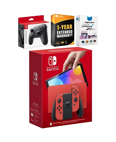 Nintendo Switch Oled Mario Red Edition with Pro Controller, MightySkins Console and Controller Skin Voucher, and 1 Year Cps Extended Warranty
