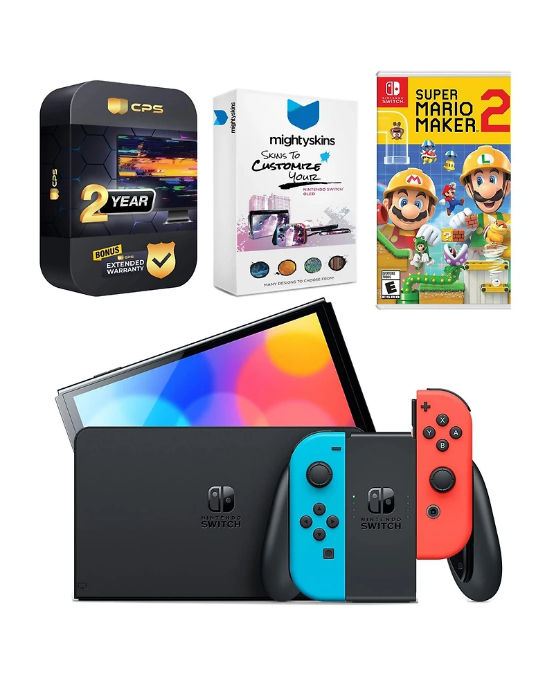Nintendo Switch Neon Red & Blue Oled Console with Mario Maker 2, MightySkins Console and Controller Skin Voucher