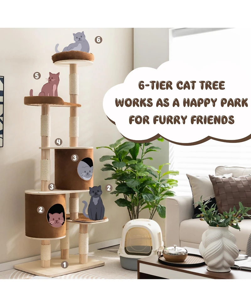 Vebreda Sugift 6-Tier Wooden Cat Tree with 2 Removable Condos Platforms and Perch