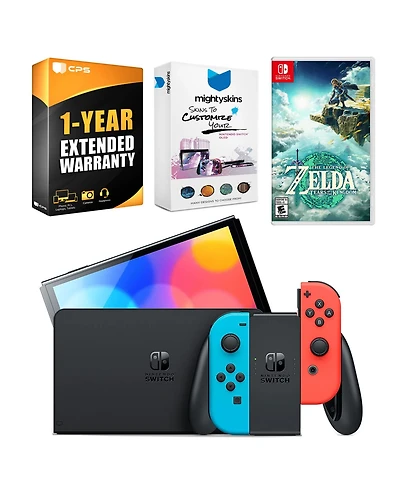 Nintendo Switch Neon Red & Blue Oled Console with The Legend of Zelda: Tears of the Kingdom, MightySkins Console and Controller Skin Voucher