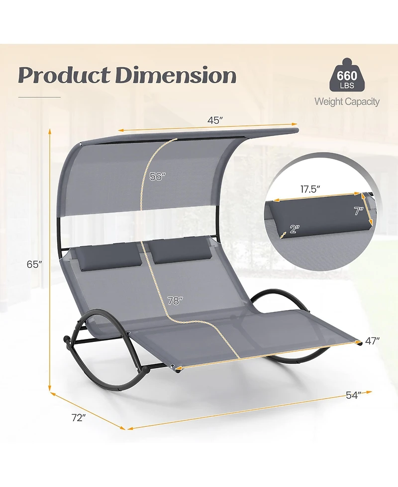 Gymax Outdoor Double Chaise Rocker Rocking Daybed Sun Lounger w/ Sun Shade Canopy