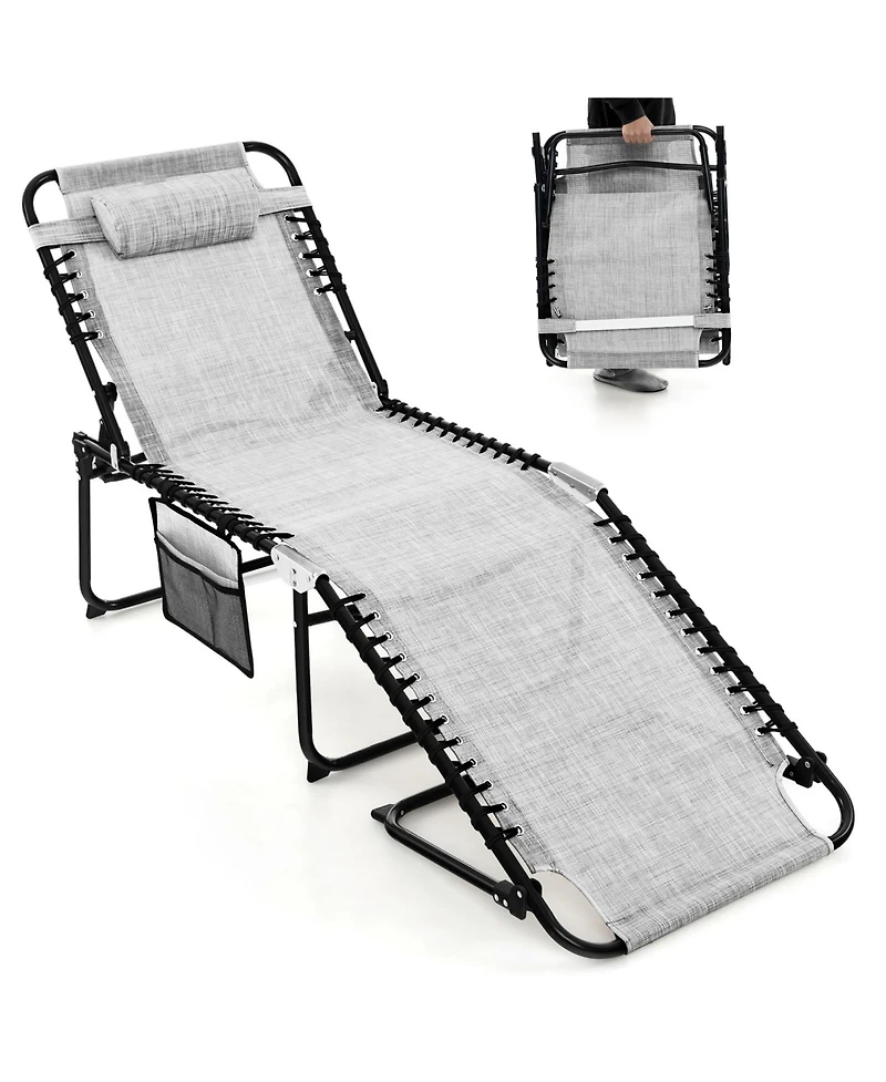 Gymax Folding Chaise Lounge Portable Lay Flat Reclining Chair w/ 4-Level Backrest Side Pocket