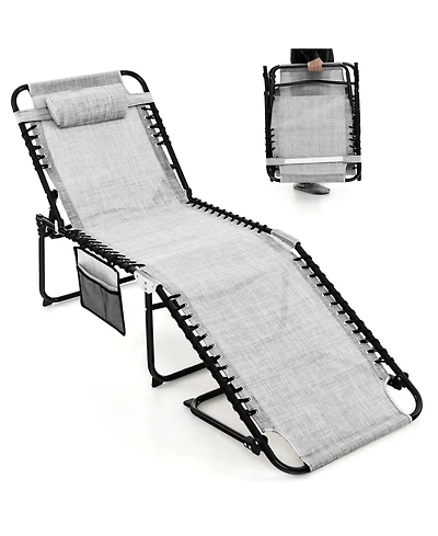 Gymax Folding Chaise Lounge Portable Lay Flat Reclining Chair w/ 4-Level Backrest Side Pocket