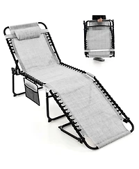 Gymax Folding Chaise Lounge Portable Lay Flat Reclining Chair w/ 4-Level Backrest Side Pocket