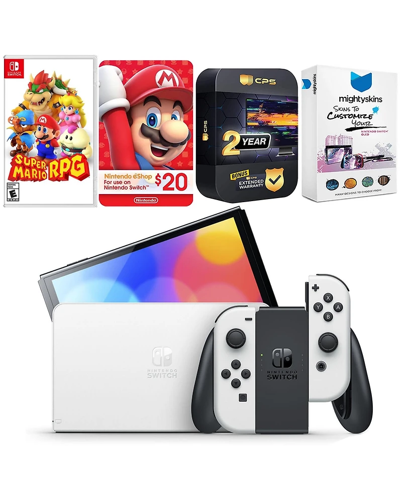 Nintendo Switch White Oled Console with Super Mario Rpg , Nintendo $20 eShop Gift Card, MightySkins Console and Controller Skin Voucher, and 2 Year Cp