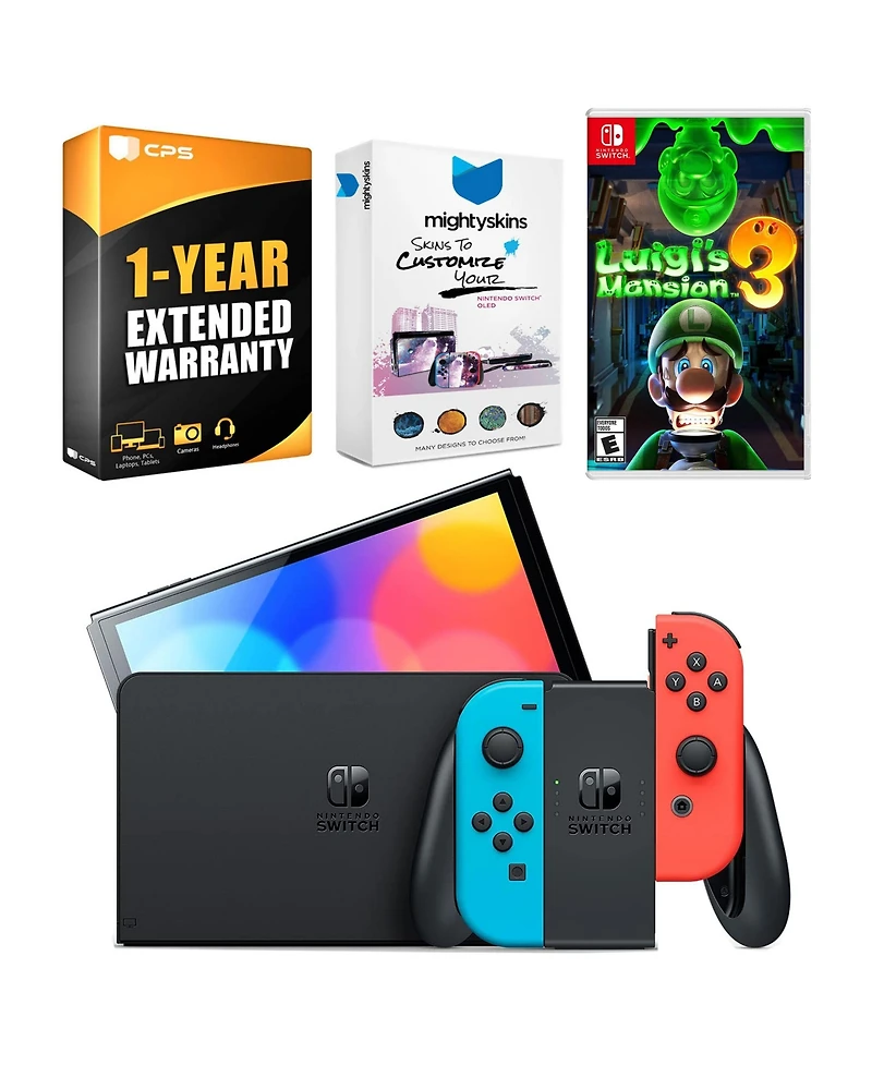 Nintendo Switch Neon Red & Blue Oled Console with Luigi's Mansion 3, MightySkins Console and Controller Skin Voucher
