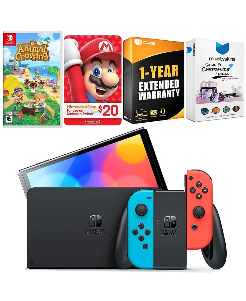 Nintendo Switch Neon Red & Blue Oled Console with Animal Crossing New Horizons, Nintendo $20 eShop Gift Card